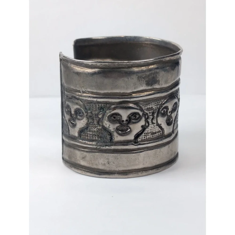 Vintage Boho Wide Cuff Bracelet Embossed  Silver Tone Ornate Carved Faces 2X2.5